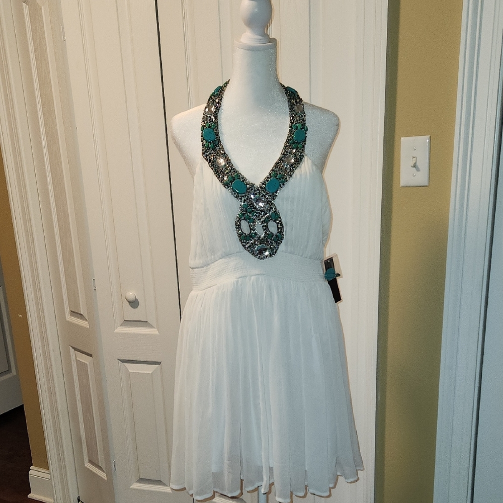 White Halter Dress with Beaded Neckline
